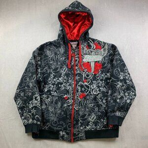 G-Unit Mens Sweater XL Black Red Hoodie Full Zip Embroidered Tattoo Rose Y2K Rap